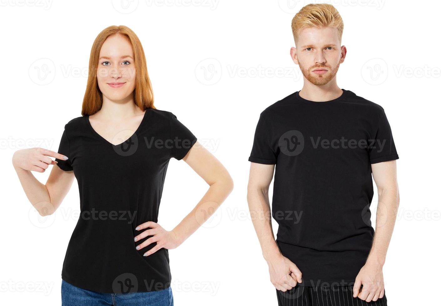 Black t-shirt set mock up, man and woman black tshirt collage isolated on white background. photo