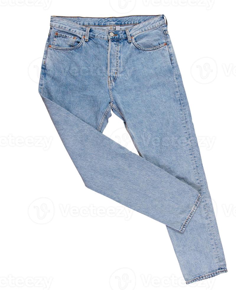 Denim pants isolated, blue folded jeans isolated on white background close up photo