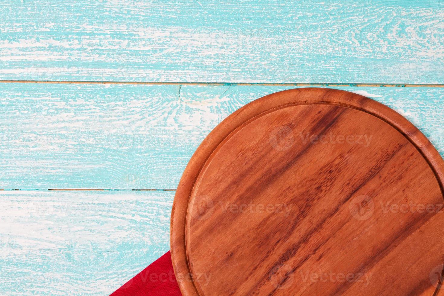 escritorio vacío, mantel en la vista superior de la mesa de madera, espacio de copia, concepto de comida y bebida foto