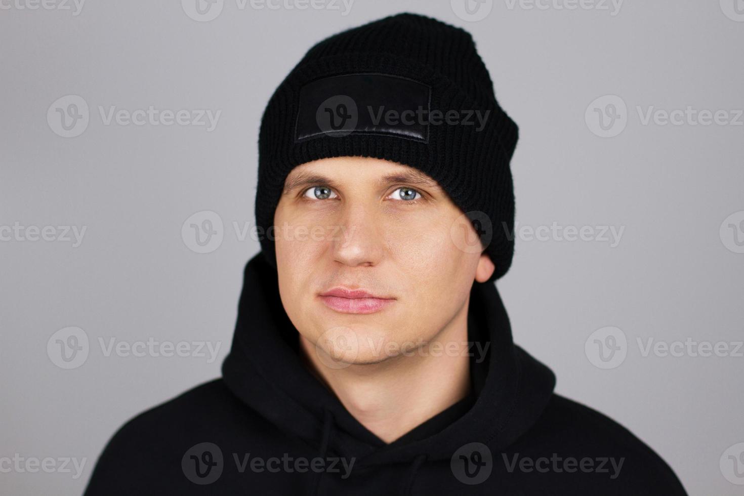 man in blank black winter hat isolated , mock up , copy space photo