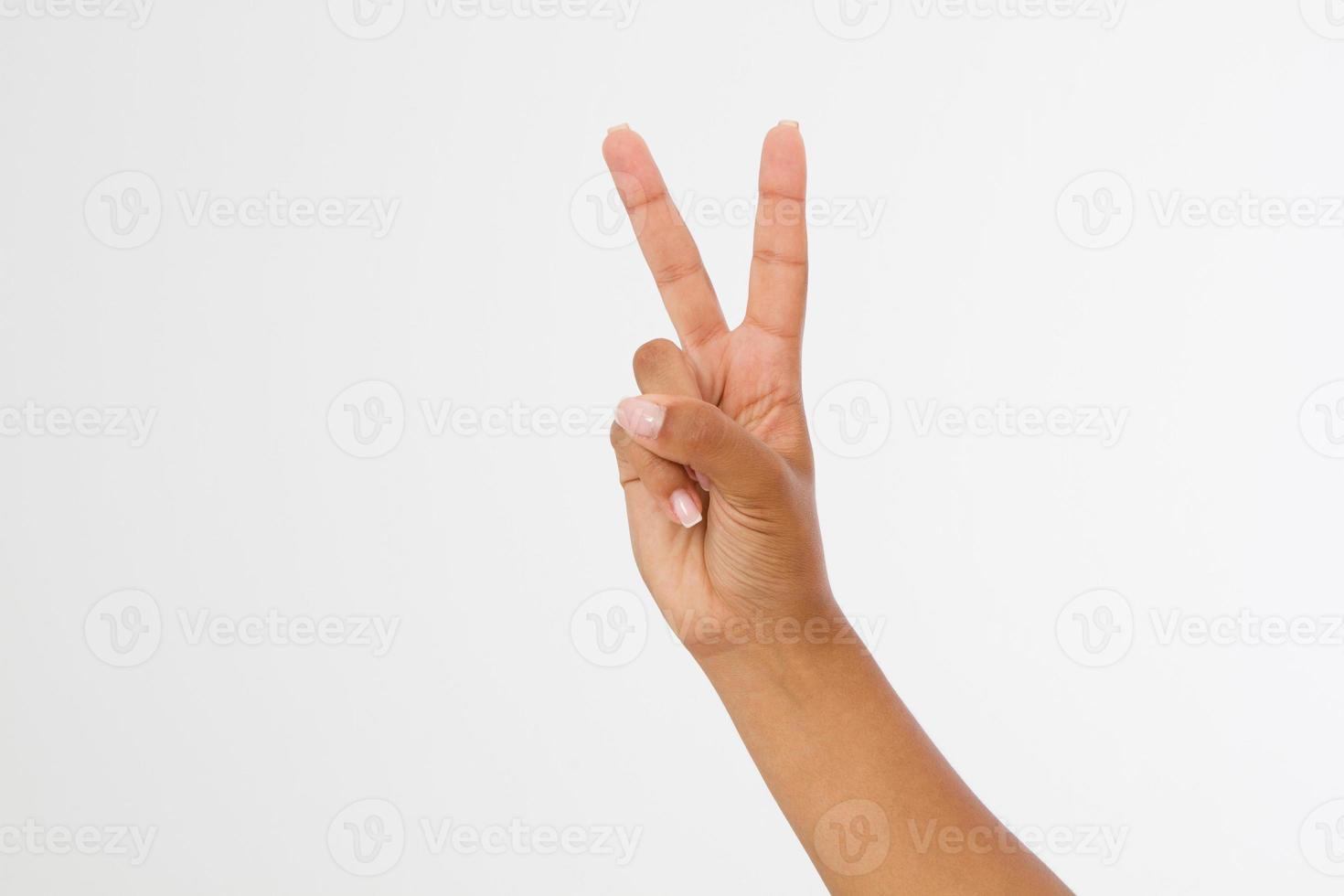 black Hand showing the sign of victory or peace closeup isolated on white background.Front view. Mock up. Copy space. Template. Blank. photo