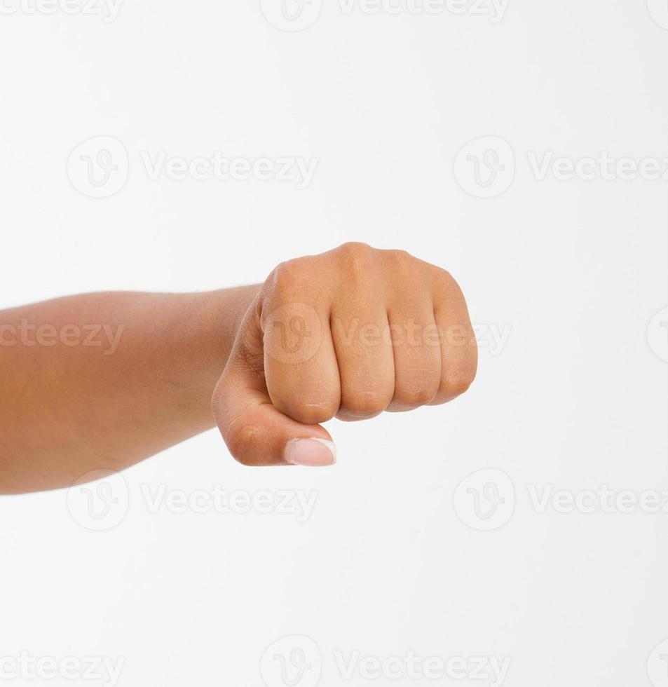 Black Woman fist isolated on a white background. afro american fist. Front view. Mock up. Copy space. Template. Blank. photo