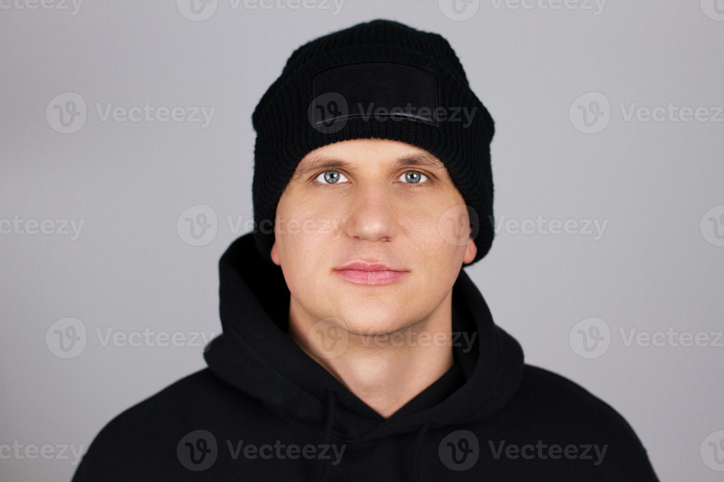smile man in blank blak hat isolated - mock up photo