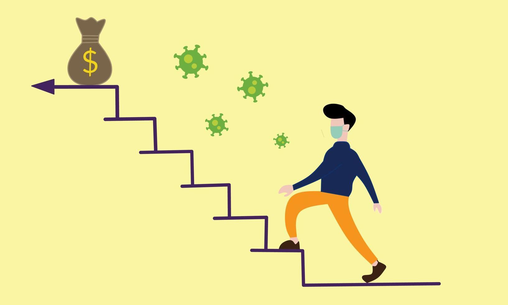 illustration of flat businessman character climb a stairs, showing make money activity on new normal. vector