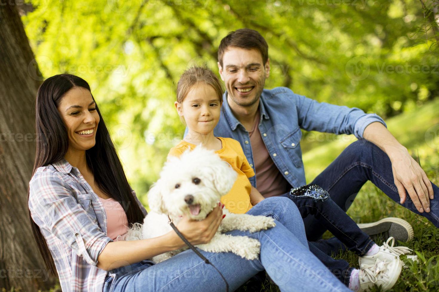 hermosa familia feliz se está divirtiendo con el perro bichon al aire libre foto