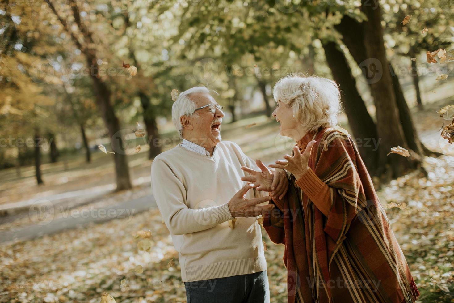 Senior couple having fun in autumn park photo