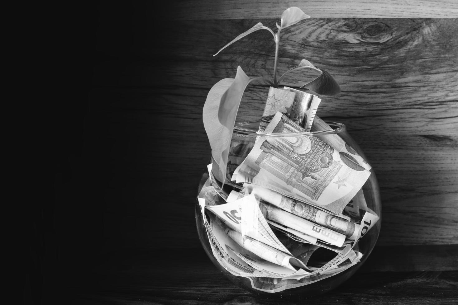 Paper euro notes in transparent bowl with leaf growing inside. Growing trees and world energy resources icon. Earth day. Energy saving concept, Renewable energy and energy sources of the world photo