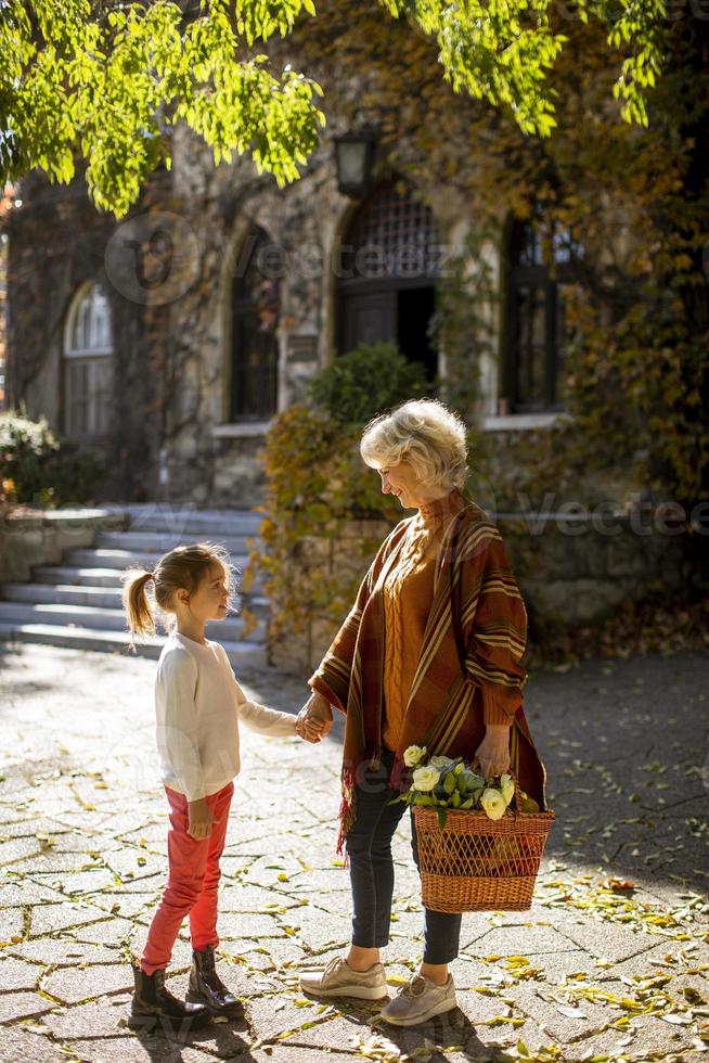 Grandmother having fun with her little granddaughter and holding basket full of flowers photo