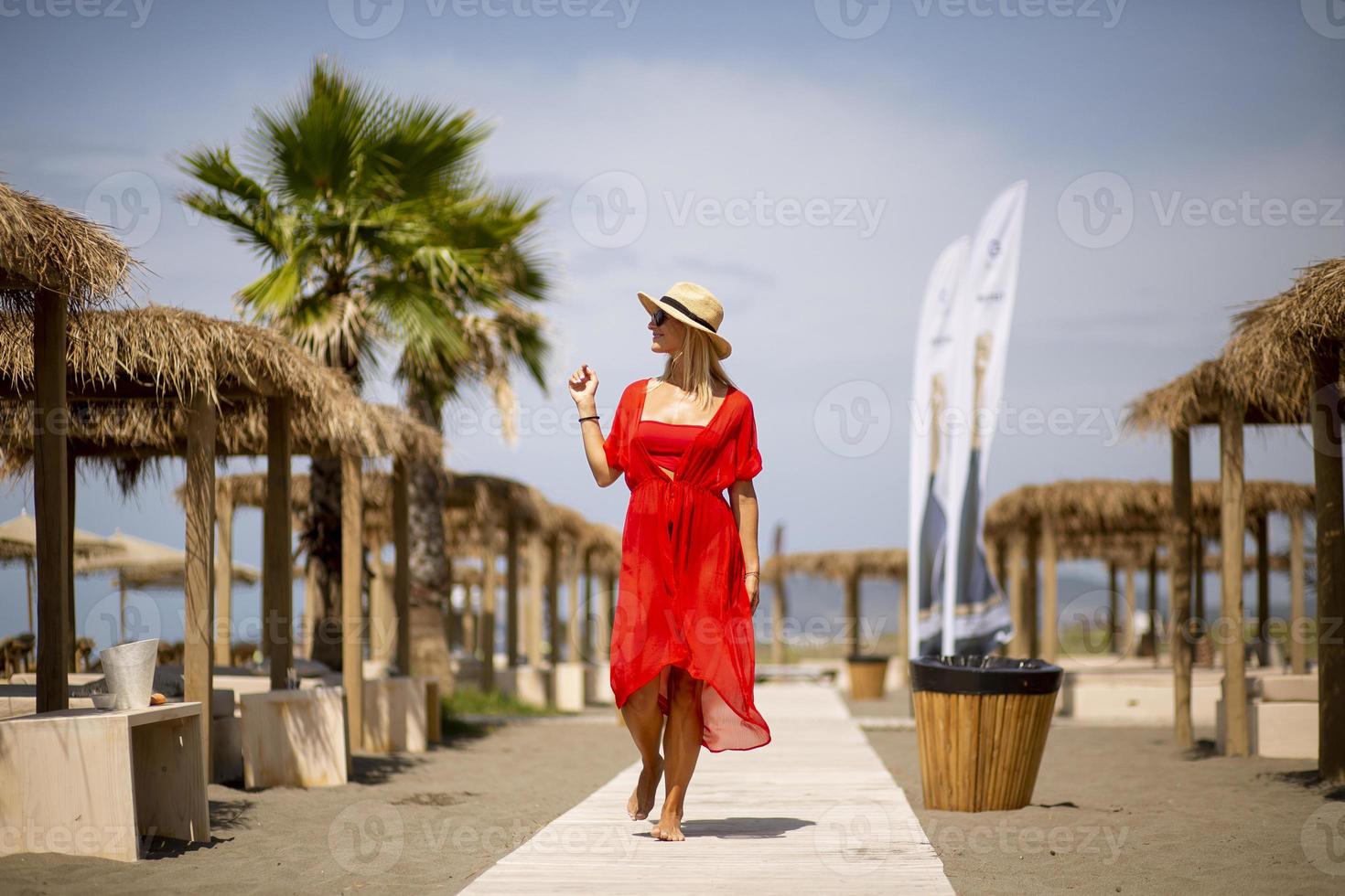 mujer joven, en, vestido rojo, en, playa, en, verano Foto de stock en Vecteezy