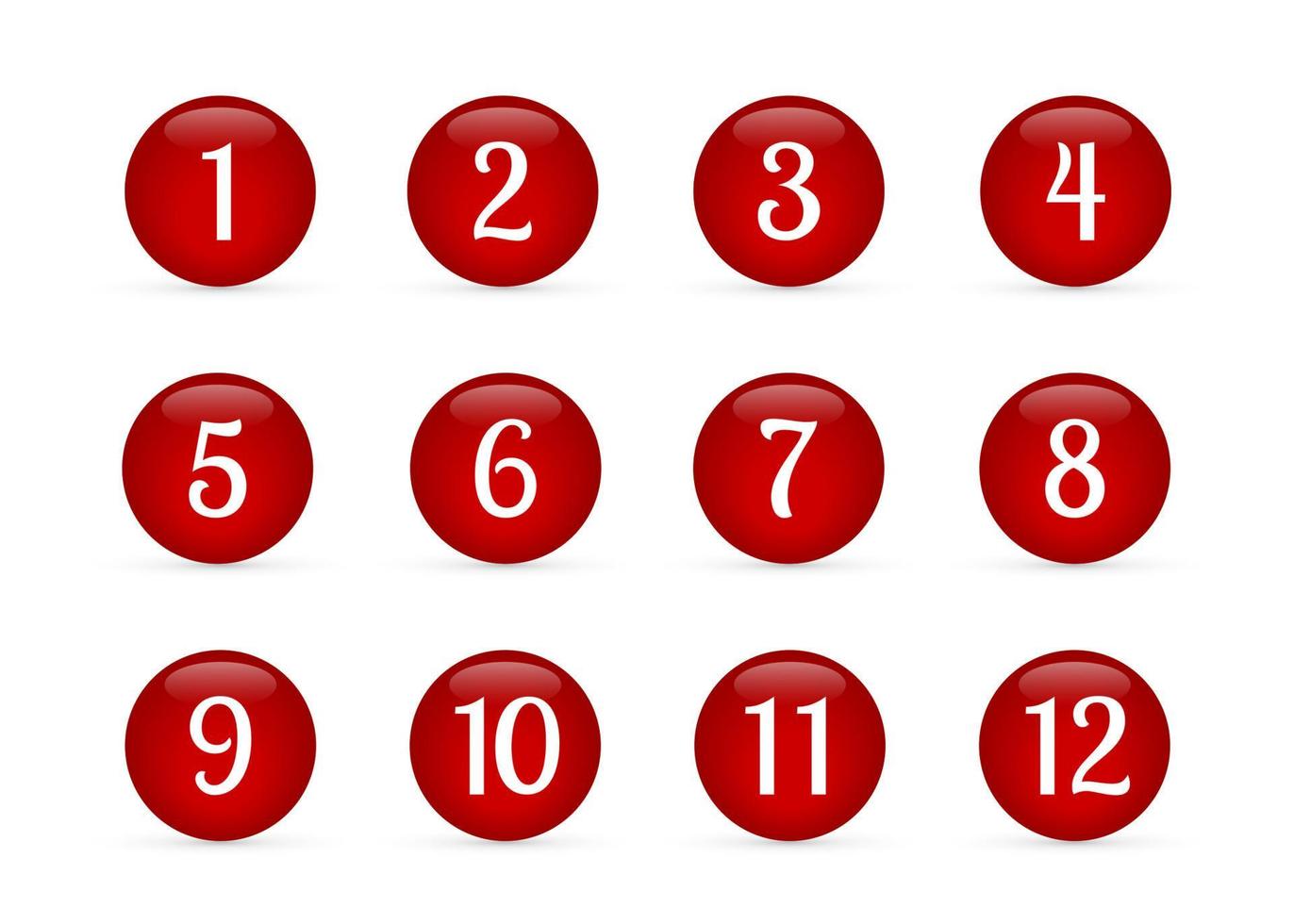 Set of glossy round buttons with numbers from 1 to 12. Red glass buttons isolated on white. Numbered badges vector icons. 3d keys for websites and mobile applications. Easy to edit template.