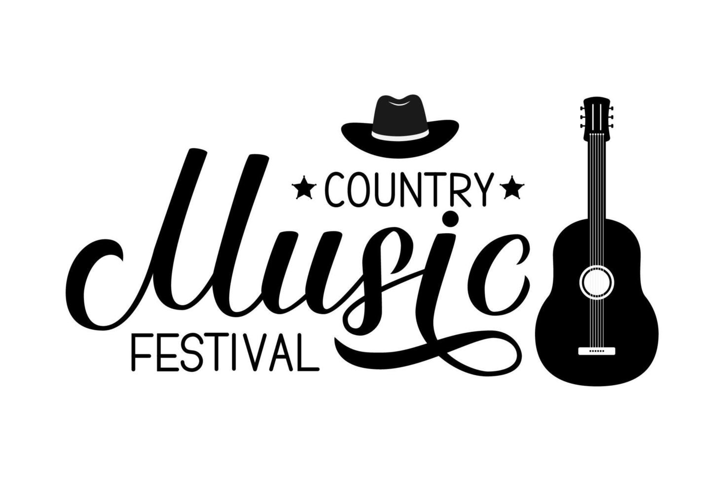 Country Music festival lettering with hat and guitar isolated on white. Acoustic guitar musical show typography poster. Easy to edit vector template for banner, sign, flyer, invitation.