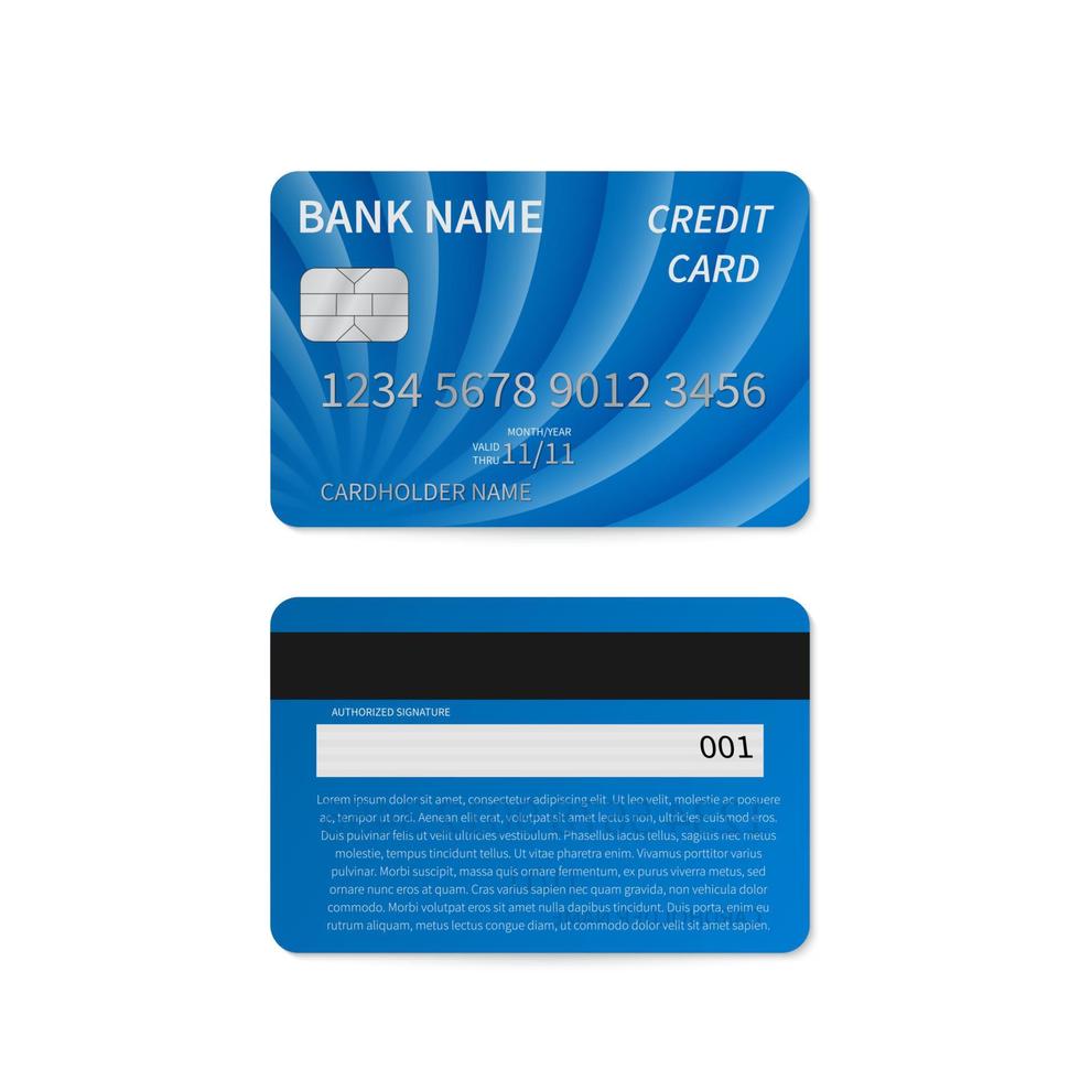 tarjeta de crédito azul realista aislada en blanco. tarjeta de plástico detallada con símbolos plateados en relieve. lados delanteros y traseros. pago en línea y concepto de compras. vector