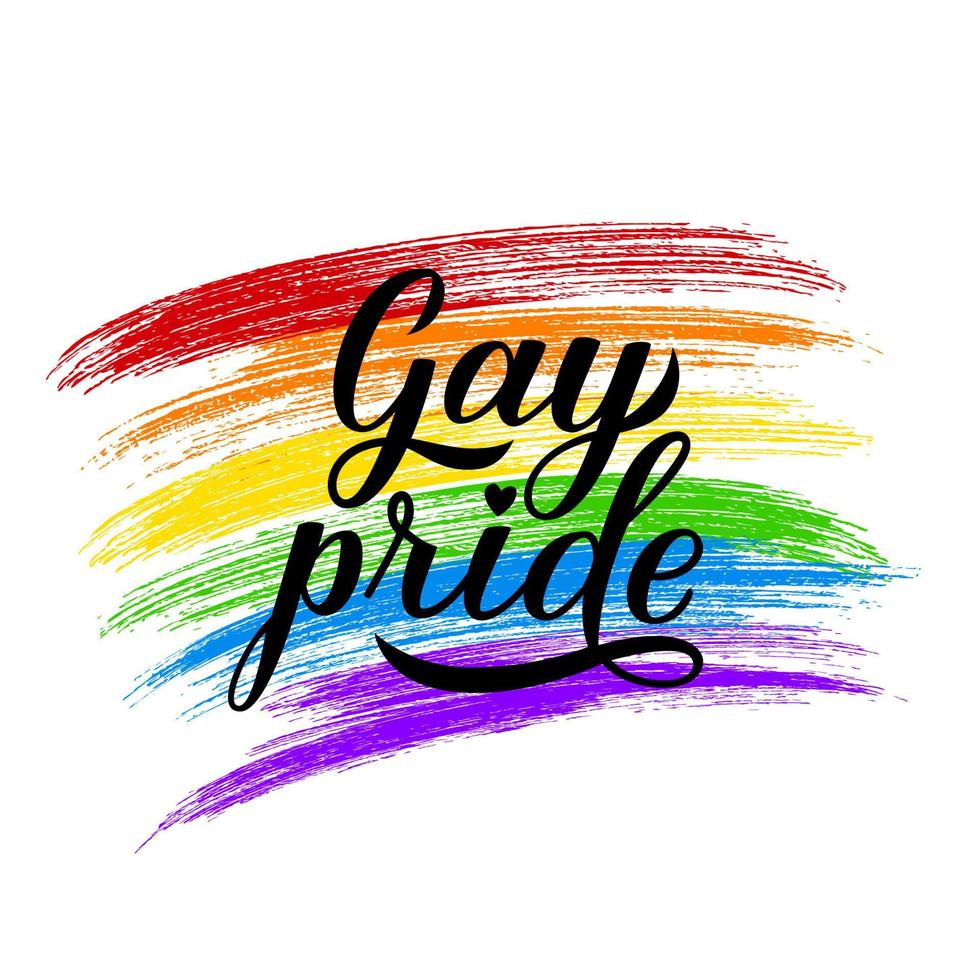 Gay Pride calligraphy hand lettering. Rainbow brush stroke LGBT community flag. Pride Day, Month, parade concept. Easy to edit vector template for banner, poster, t-shot, flyer, sticker, badge, etc.
