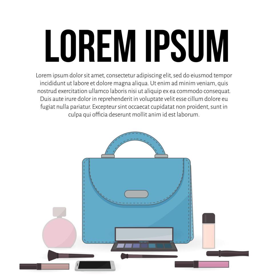 Purse, perfume, cosmetics and mobile phone. The contents of a woman s handbag. Concept of beauty bloggers, fashion and glamour. Easy to edit vector design for social media, makeup artists card, etc.