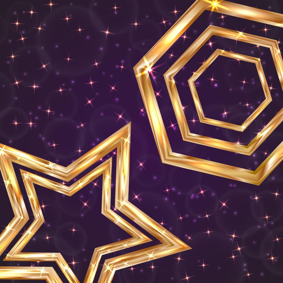 Hexágono dorado brillante y estrella sobre un fondo morado oscuro con bokeh y estrellas brillantes. Ilustración de vector de oro de lujo. banner de fiesta disco.