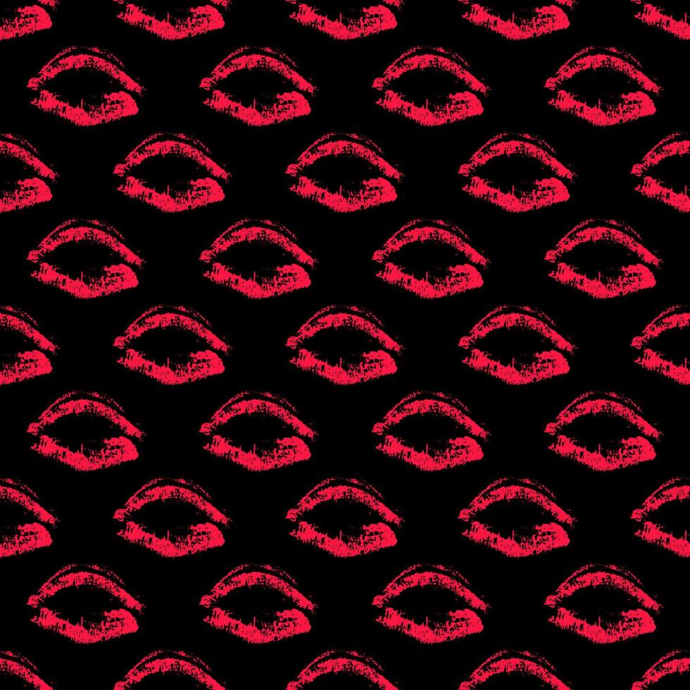 Seamless pattern red lipstick kiss on black background. Lips prints vector illustration. Perfect for Valentines day postcard, greeting card, textile design, wrapping paper, etc.