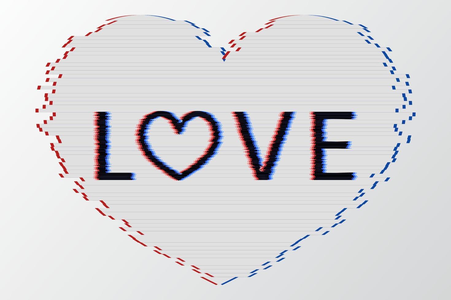 Letras de amor y corazón con efecto de falla en negro sobre un fondo blanco. tarjeta de felicitación del día de san valentín. símbolo de la ilustración de vector de amor. plantilla de diseño fácil de editar.