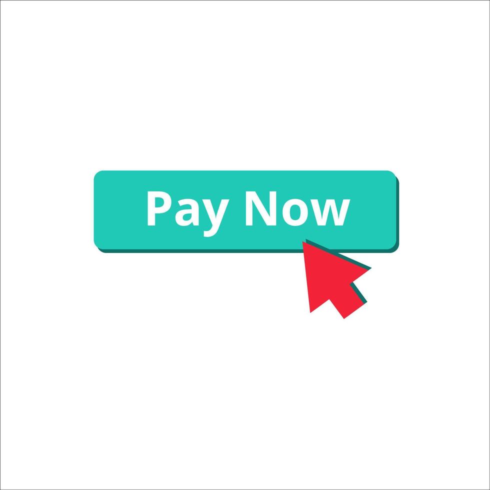 Green button pay now and red cursor. Online store design element. E-commerce concept. Convenient payment for online purchases. Flat vector icon isolated on white background.