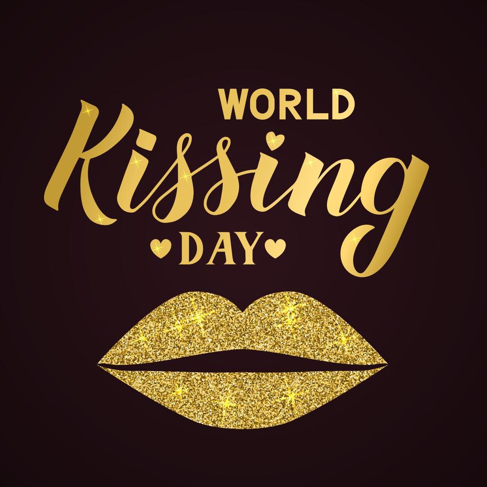 Kissing day hand lettering with shiny gold lips isolated on black background. Easy to edit template for typography poster, banner, sticker, flyer, badge, t-shot, etc. vector