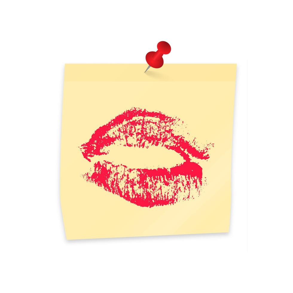 Lipstick kiss on yellow sticky note attached with pin. Realistic sticker and pushpin isolated on white. Red lipstick print. Sexy lips vector illustration. Easy to edit template for your artworks.