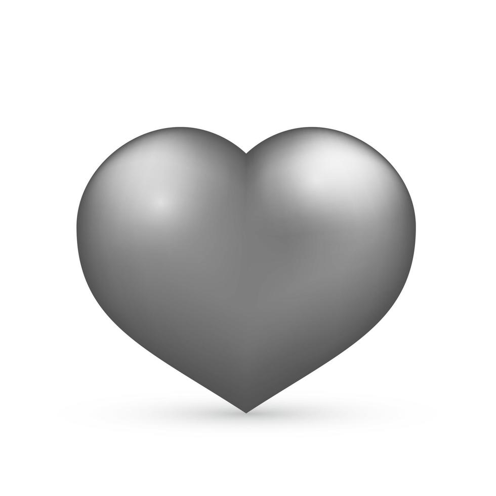 Realistic silver heart. Isolated on white. Valentine s day greeting card background. 3D icon. Romantic vector illustration. Easy to edit design template.