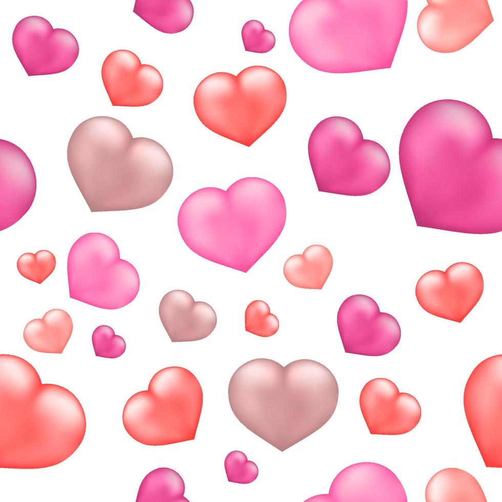 Hearts seamless pattern. Red and pink realistic 3d hearts on white background. Easy to edit template for Valentines day theme. Vector illustration.