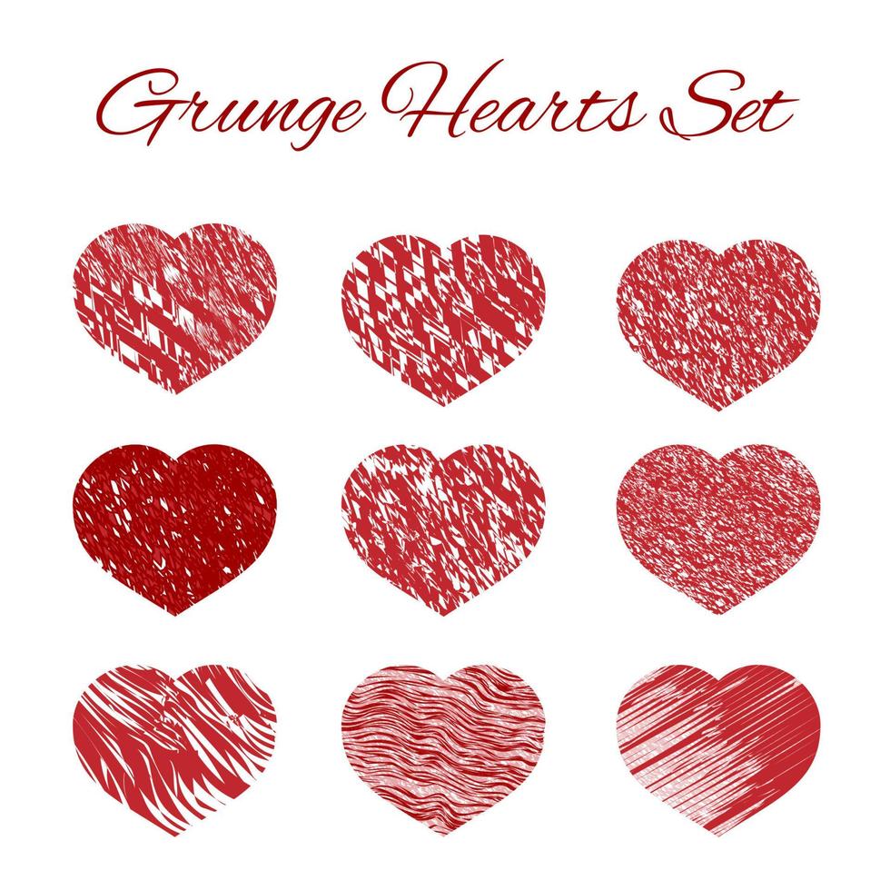 Set of nine grunge heart icons set. Love symbol vector illustration. Valentine s day element of design. Easy to edit design template for your projects.