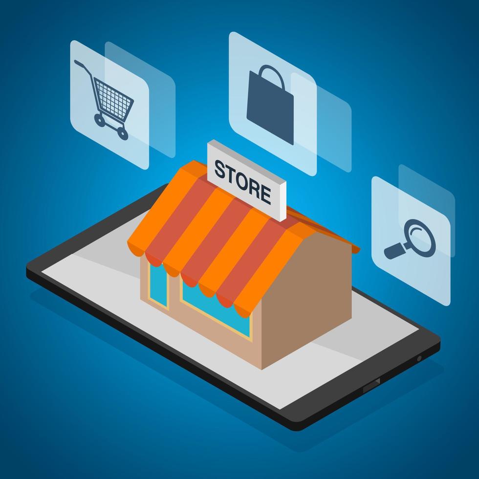 Flat 3d isometric creative mobile shopping vector illustration