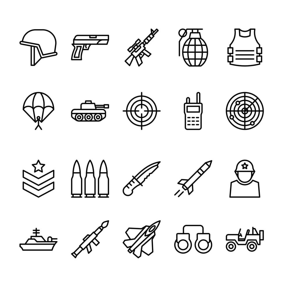 conjunto de estilo de icono de contorno del ejército vector