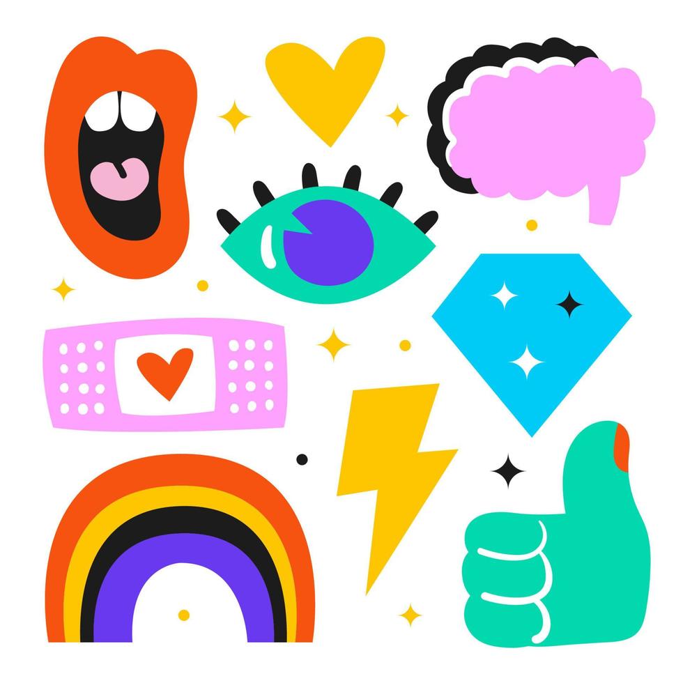 Modern trendy illustrations. Eye, mouth, brain, flash, like, diamond, rainbow. Bright colors. Social issues. Personal support. Mental health. vector