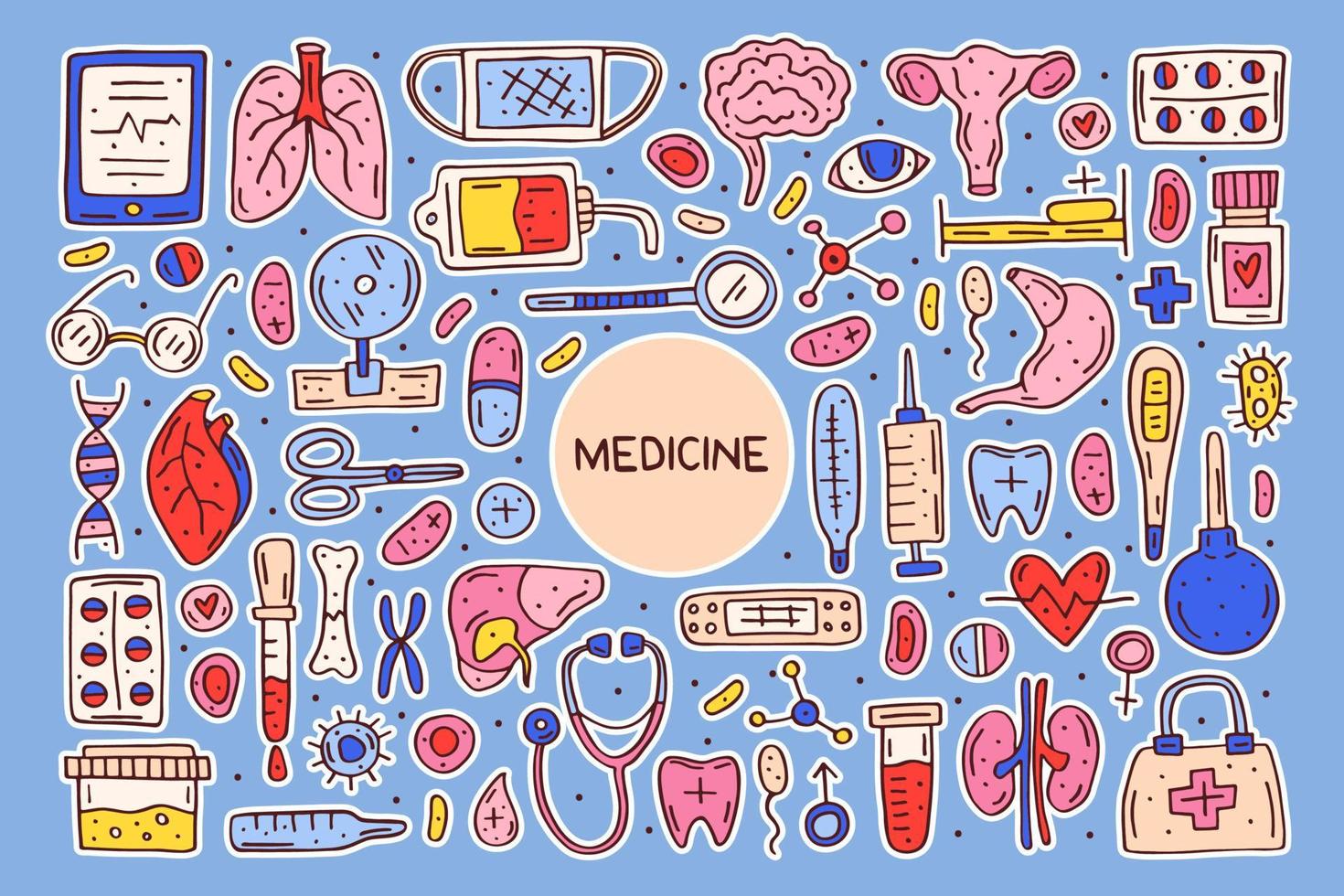 Medicine equipment, organs cartoon doodle hand drawn vector illustration, clip art, set of elements, icons. Cute colorful design. Isolated on background. Stickers sheet.