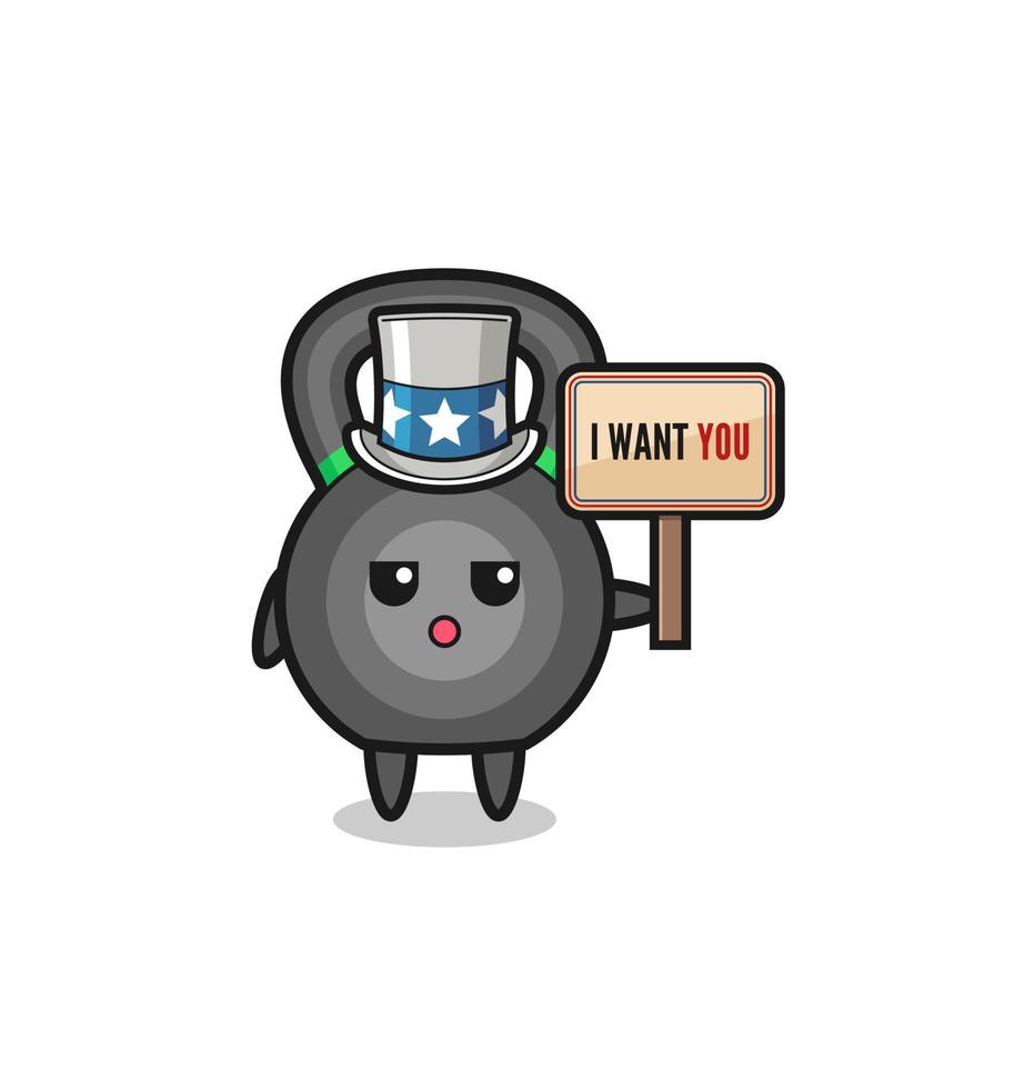 kettlebell cartoon as uncle Sam holding the banner I want you vector