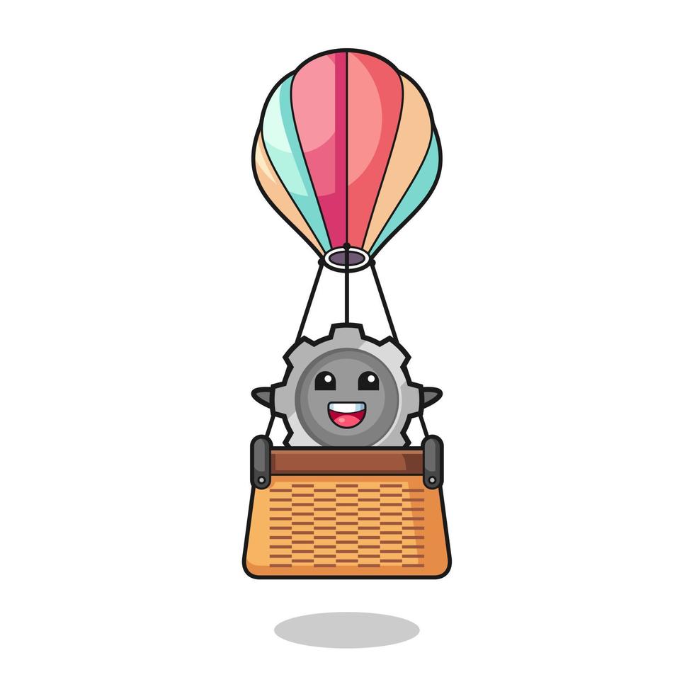 gear mascot riding a hot air balloon vector