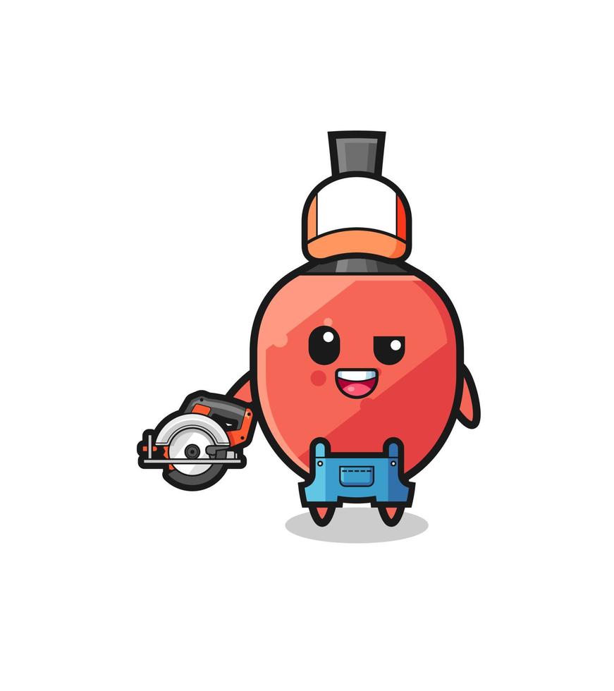 the woodworker table tennis racket mascot holding a circular saw vector
