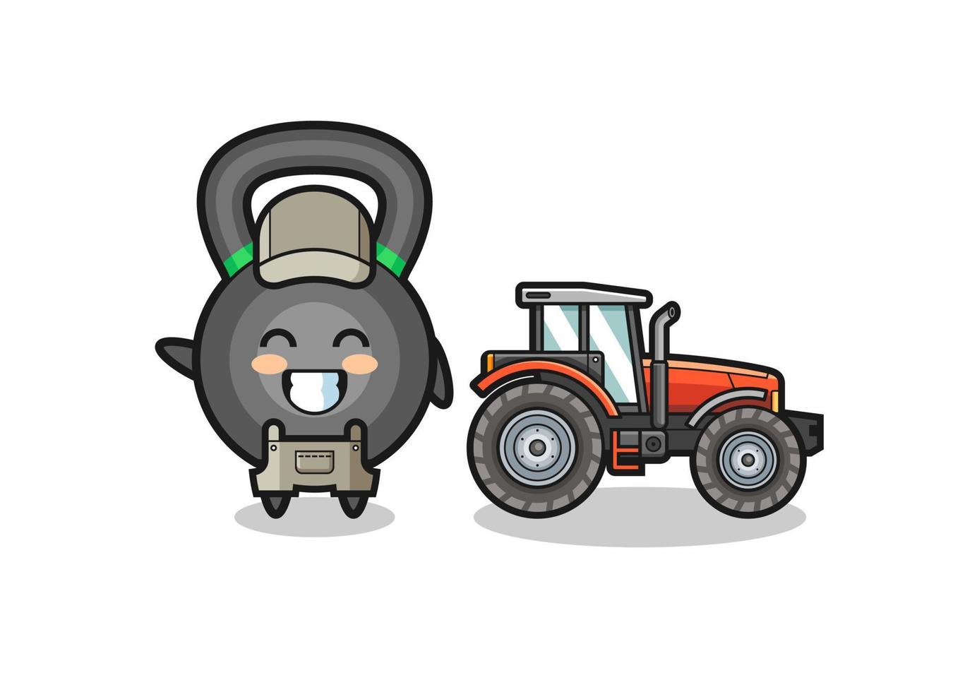 La mascota del granjero de pesas rusas de pie junto a un tractor vector