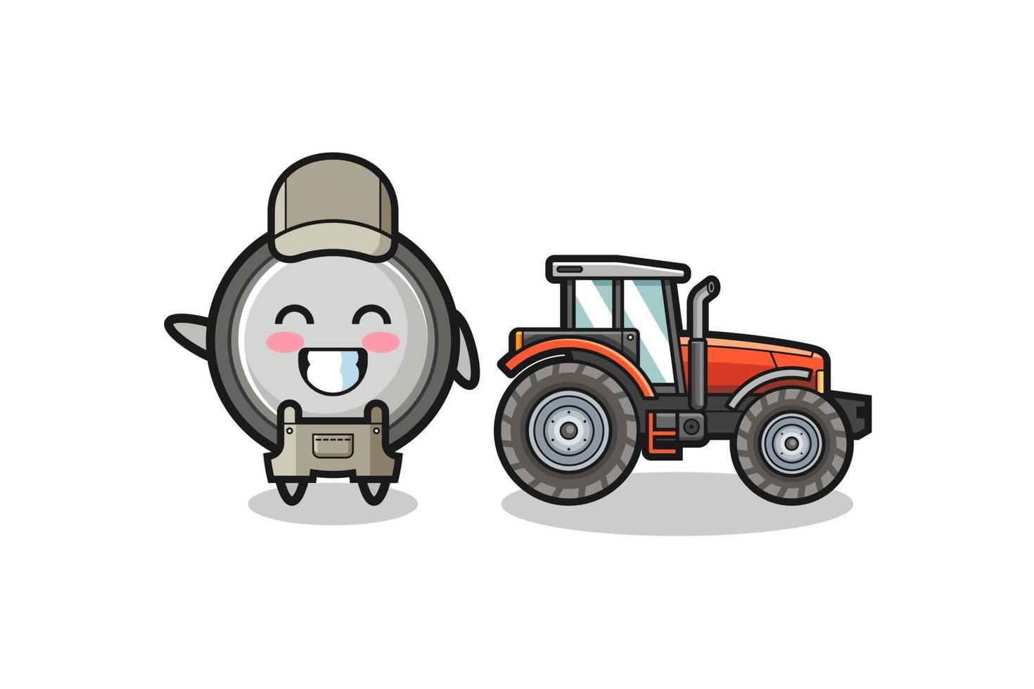 the button cell farmer mascot standing beside a tractor vector