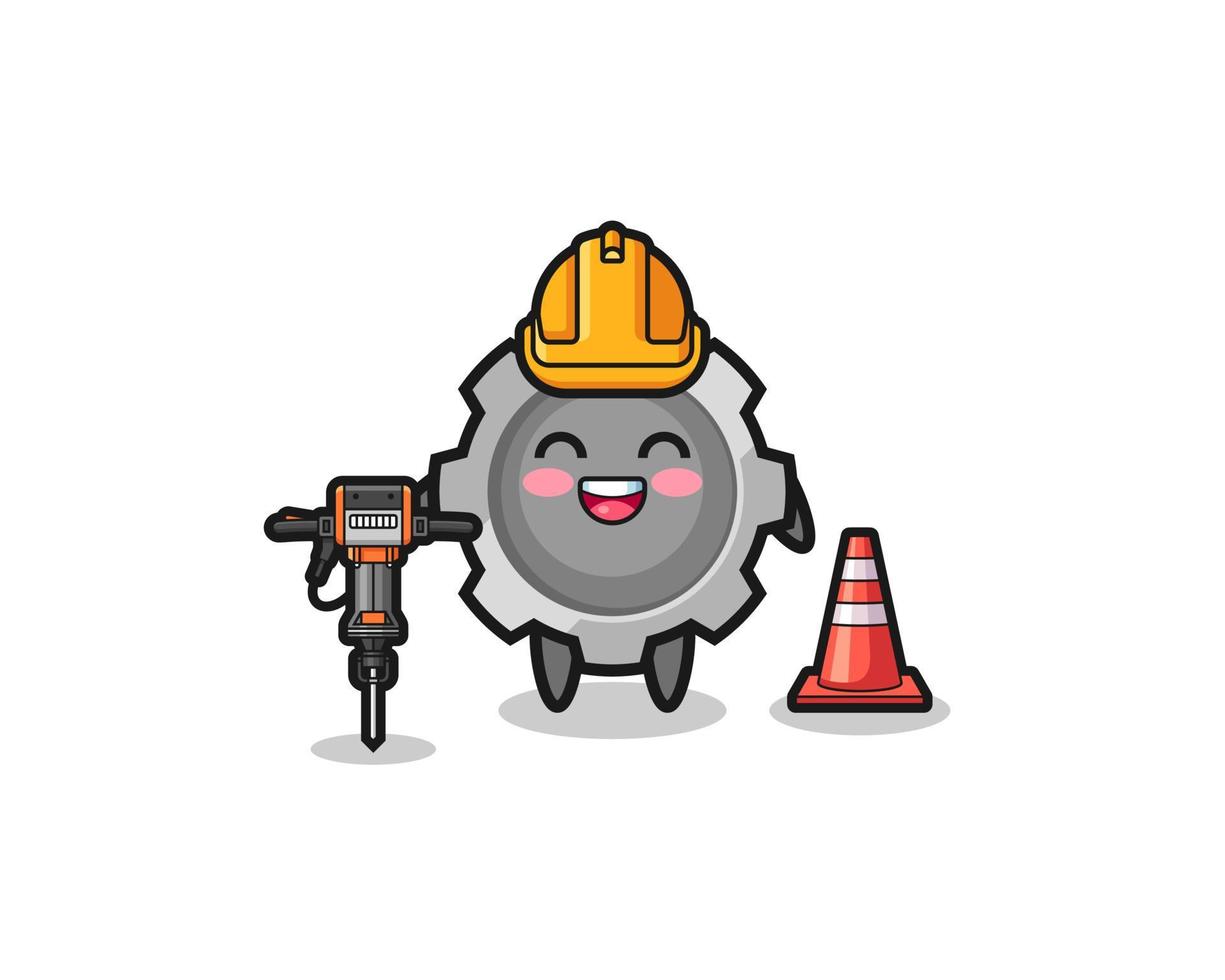 Mascota del trabajador de la carretera del engranaje que sostiene la máquina del taladro vector