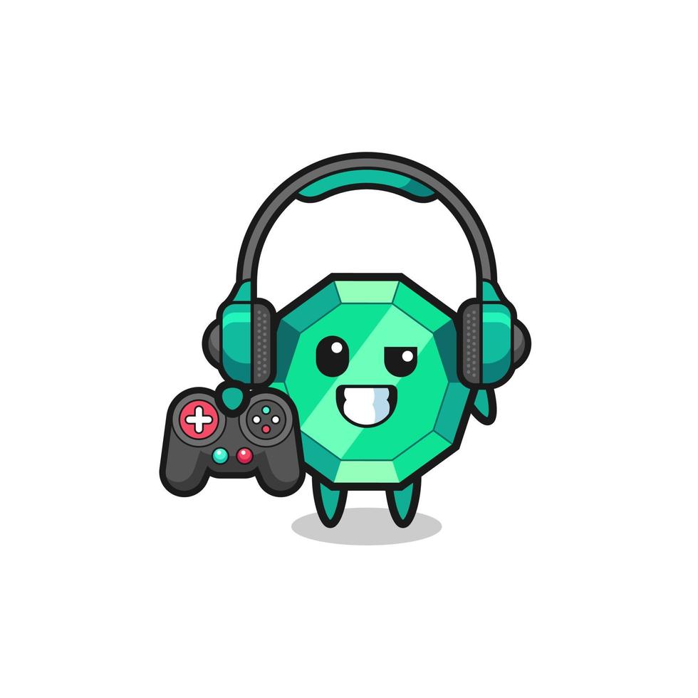 mascota de jugador de piedras preciosas esmeralda sosteniendo un controlador de juego vector