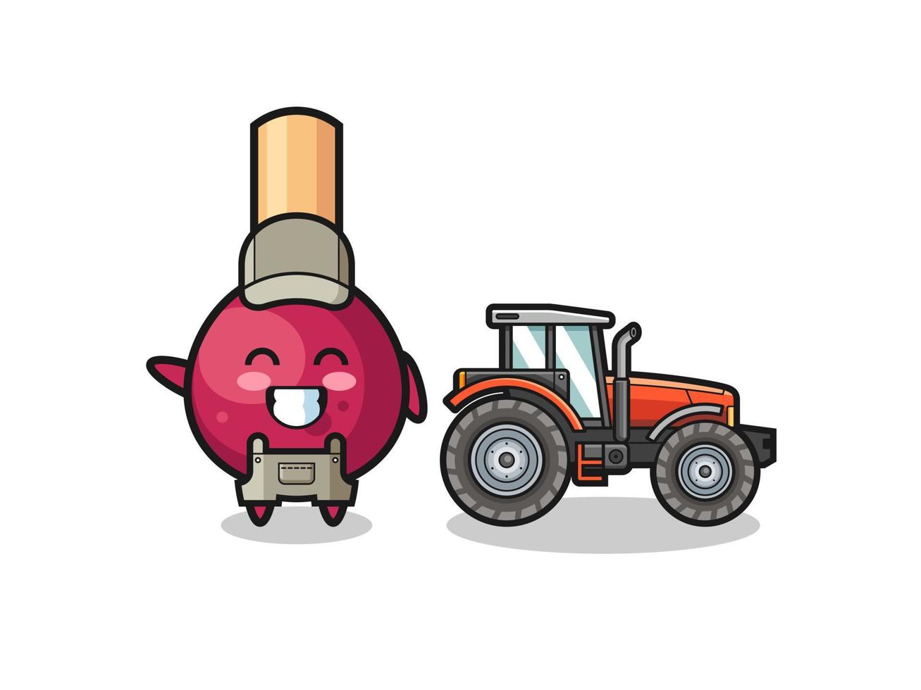 La mascota del granjero de los partidos de pie junto a un tractor. vector