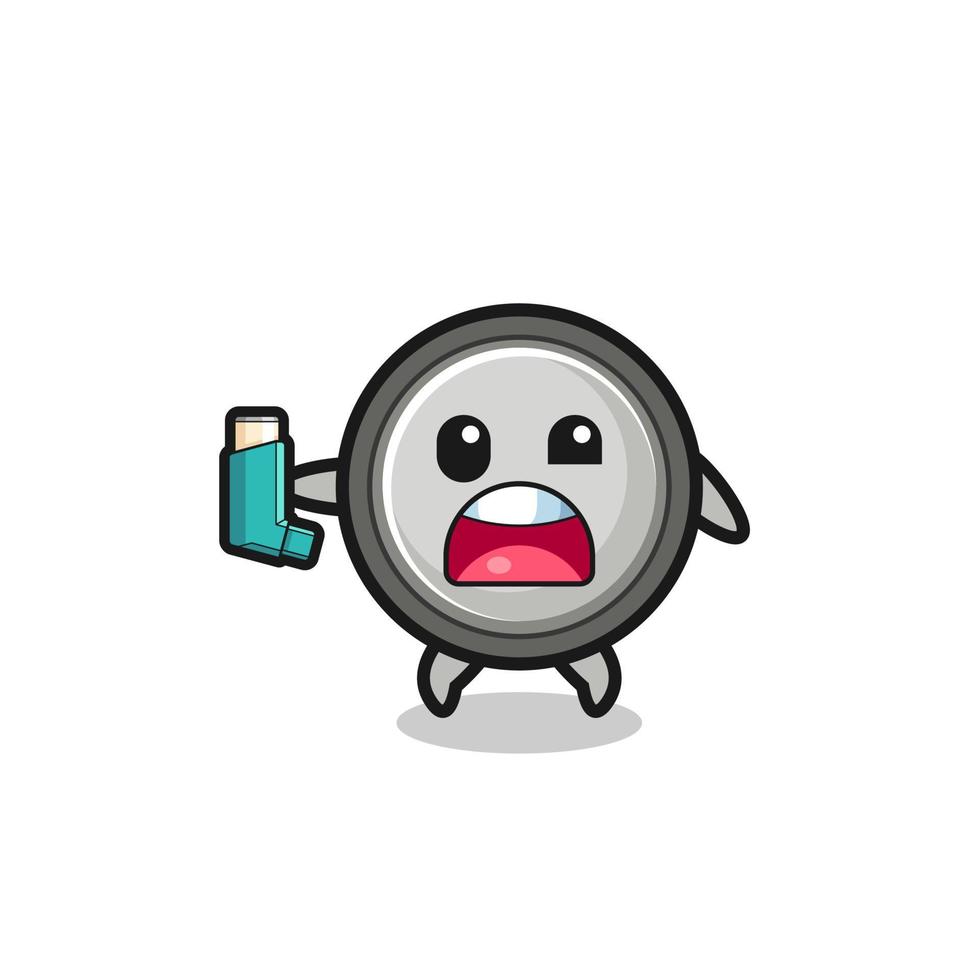 button cell mascot having asthma while holding the inhaler vector