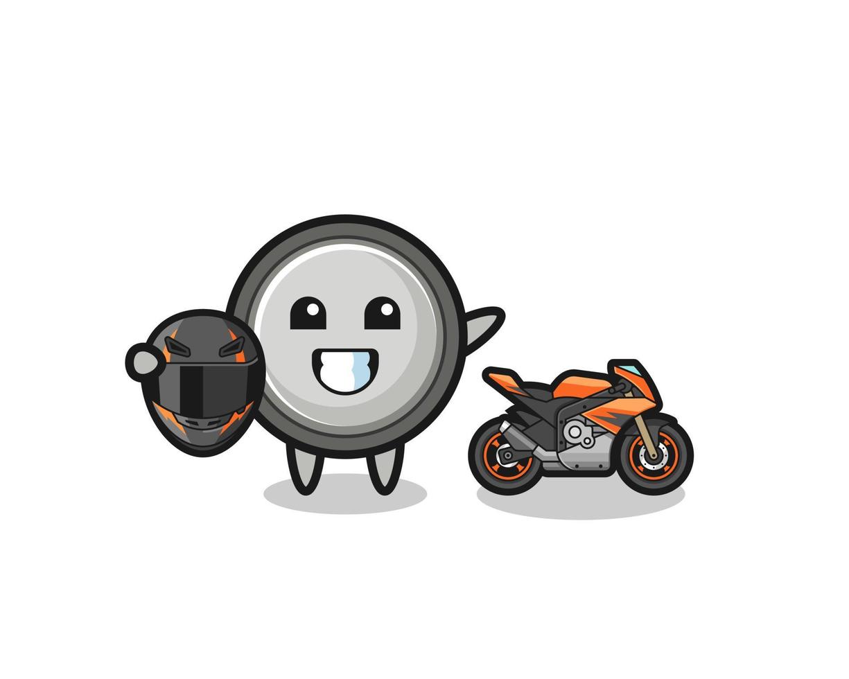 cute button cell cartoon as a motorcycle racer vector