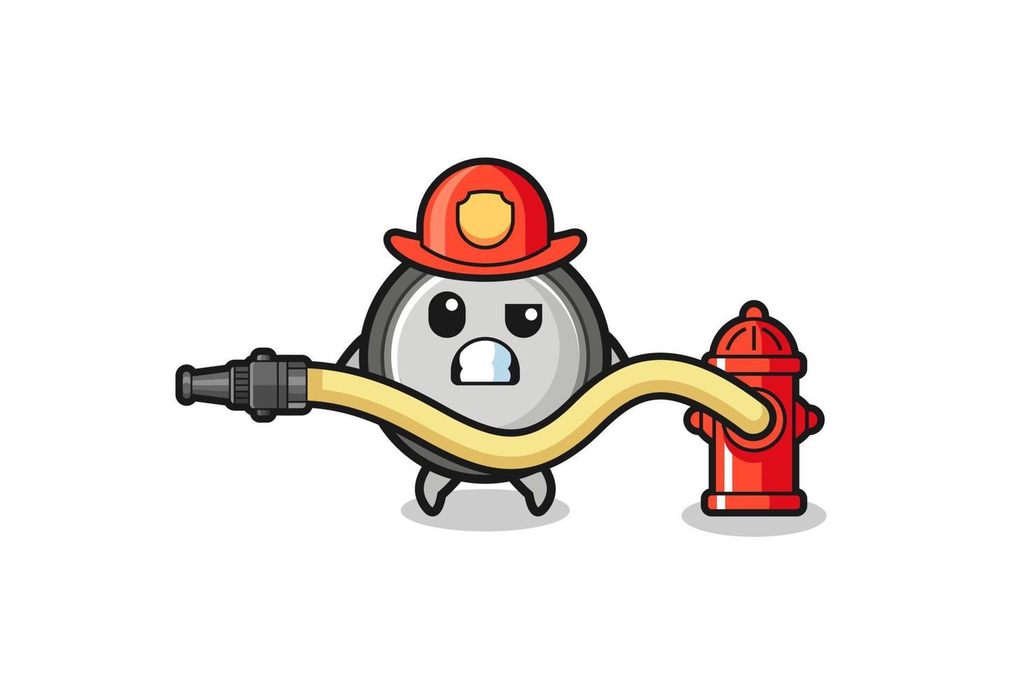 button cell cartoon as firefighter mascot with water hose vector