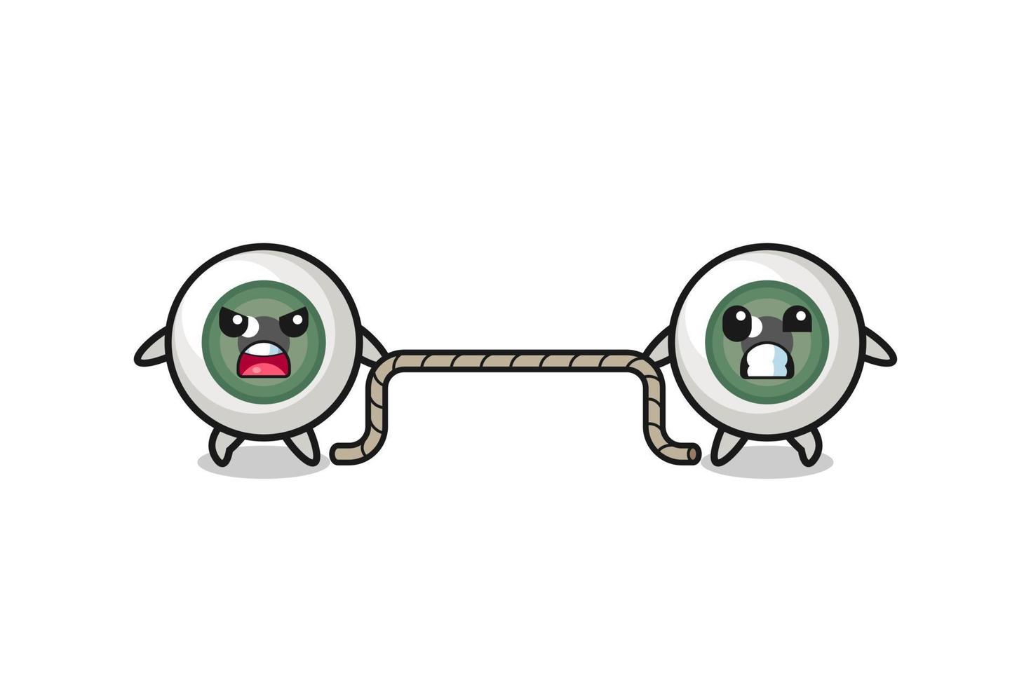 cute eyeball character is playing tug of war game vector