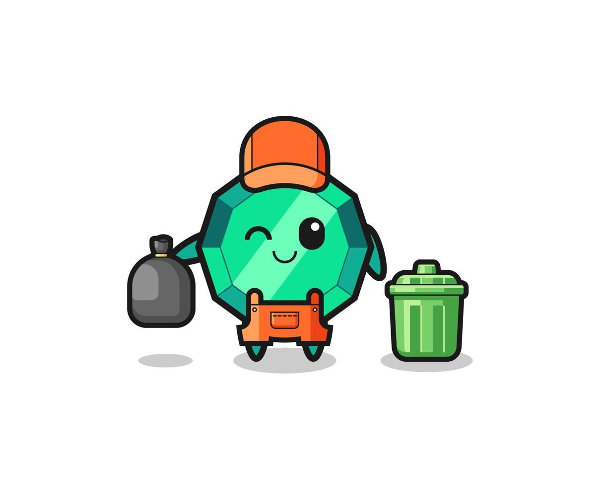 the mascot of cute emerald gemstone as garbage collector vector