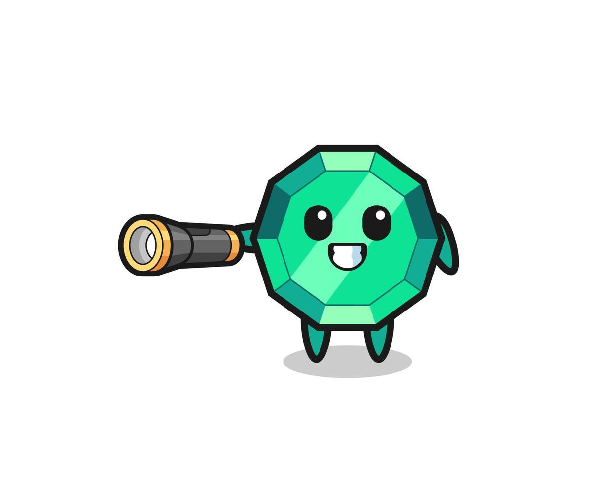 emerald gemstone mascot holding flashlight vector