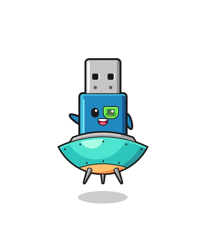 flash drive usb cartoon riding a future spaceship vector
