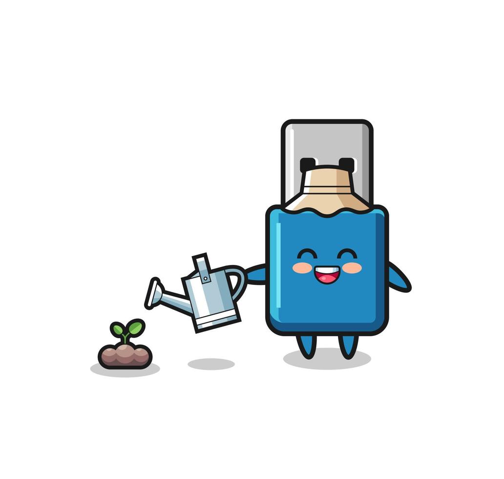 cute flash drive usb is watering plant seeds vector