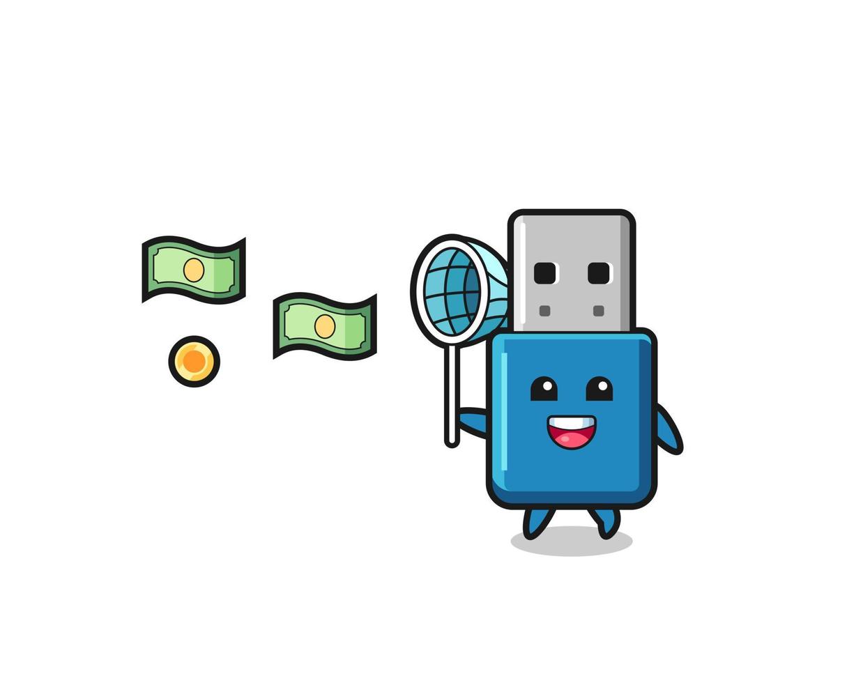 ilustración de la unidad flash usb capturando dinero volador vector