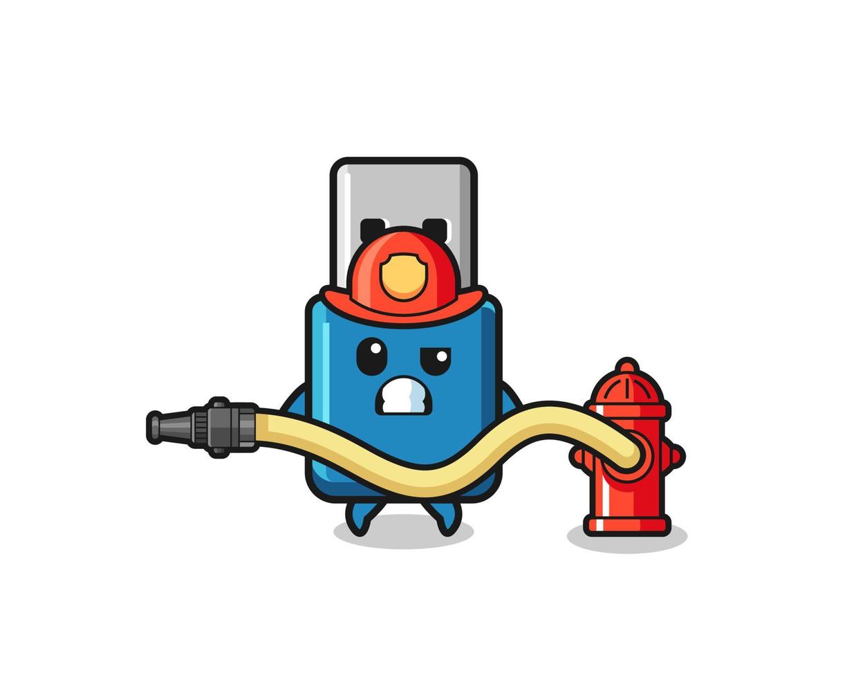 flash drive usb cartoon as firefighter mascot with water hose vector