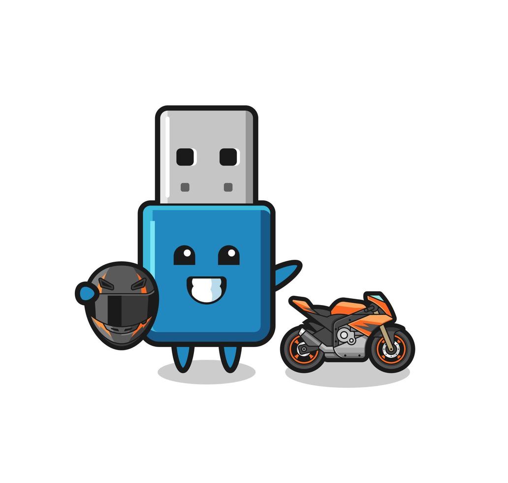 cute flash drive usb cartoon as a motorcycle racer vector